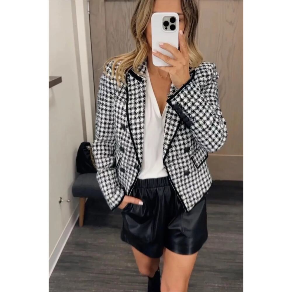 Veronica Beard Diego Dickey Jacket Black White Classic Plaid Tweed Blazer Size 8